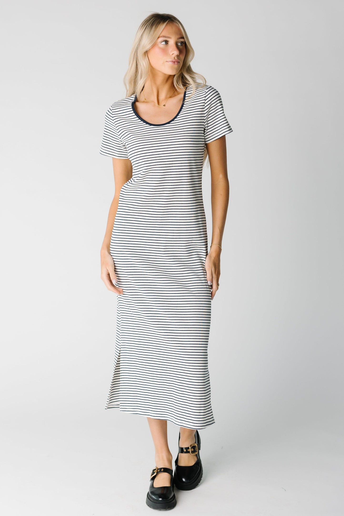 Along The Way Midi Dress striped tee dr3ess in ivory and navy