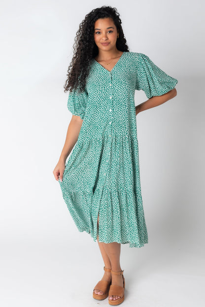 V-neck midi with Half length balloon sleeve on green and white dress