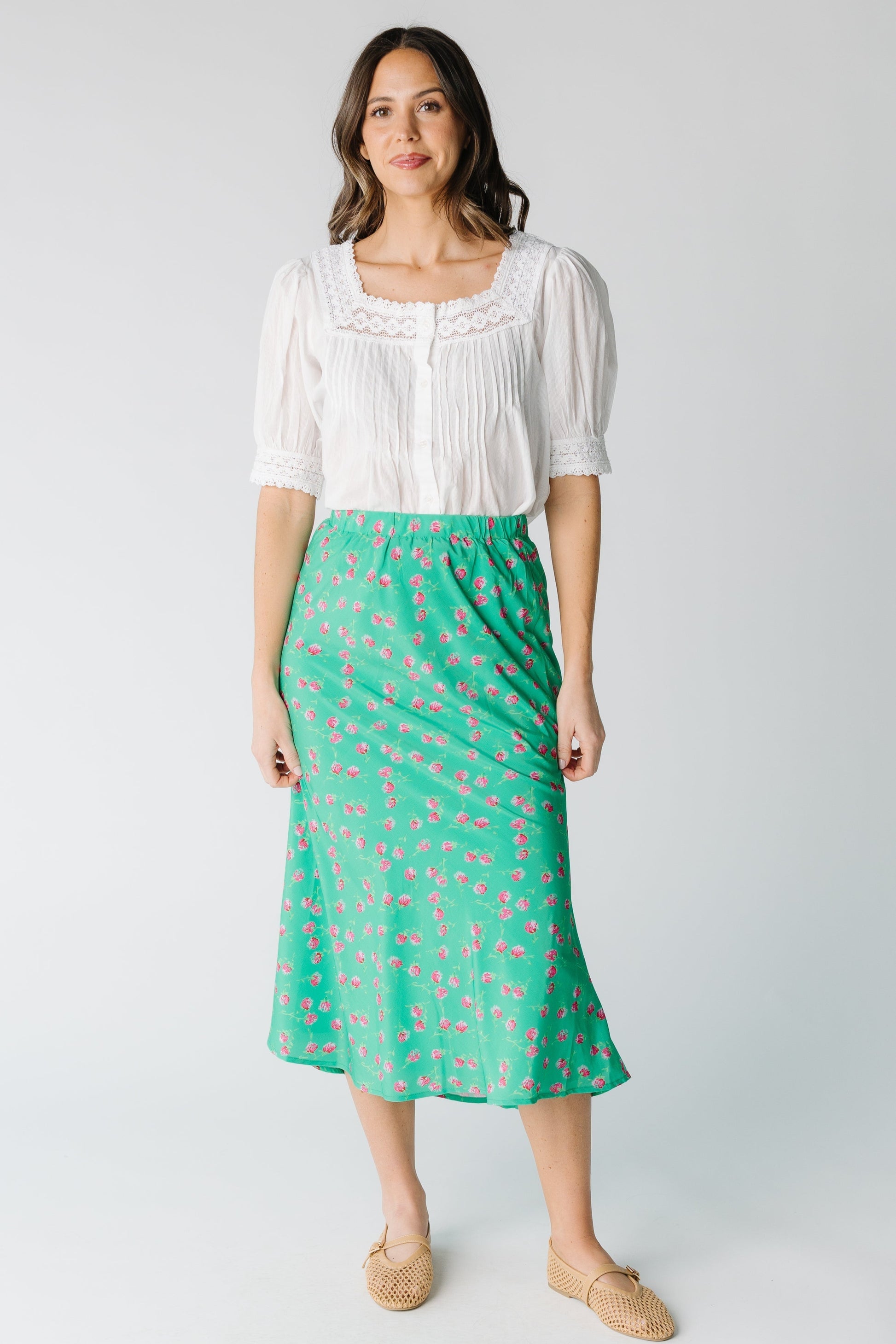 Springtime midi skirt in green and pink floral