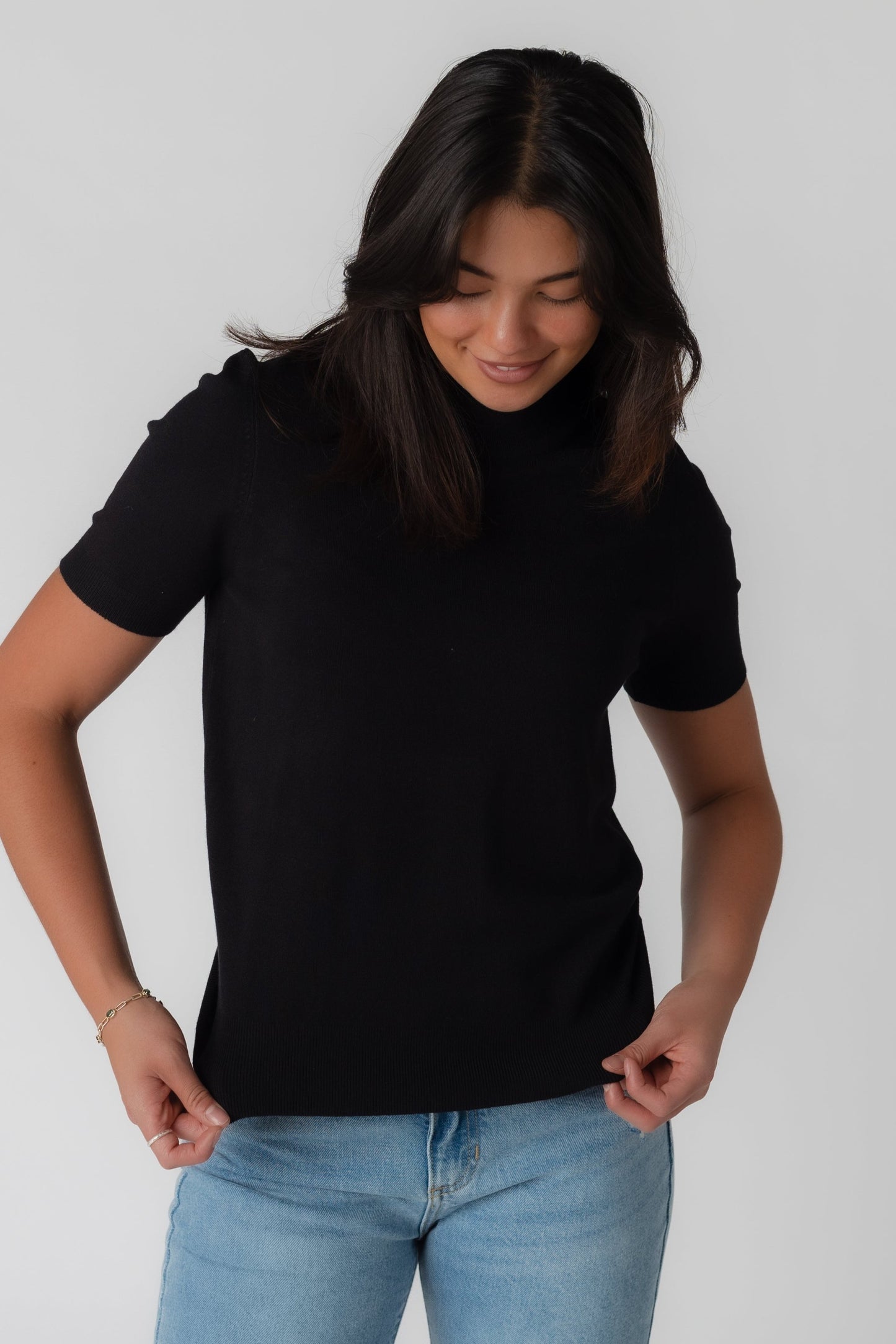 Stella modest black mock turtleneck top with short sleeves