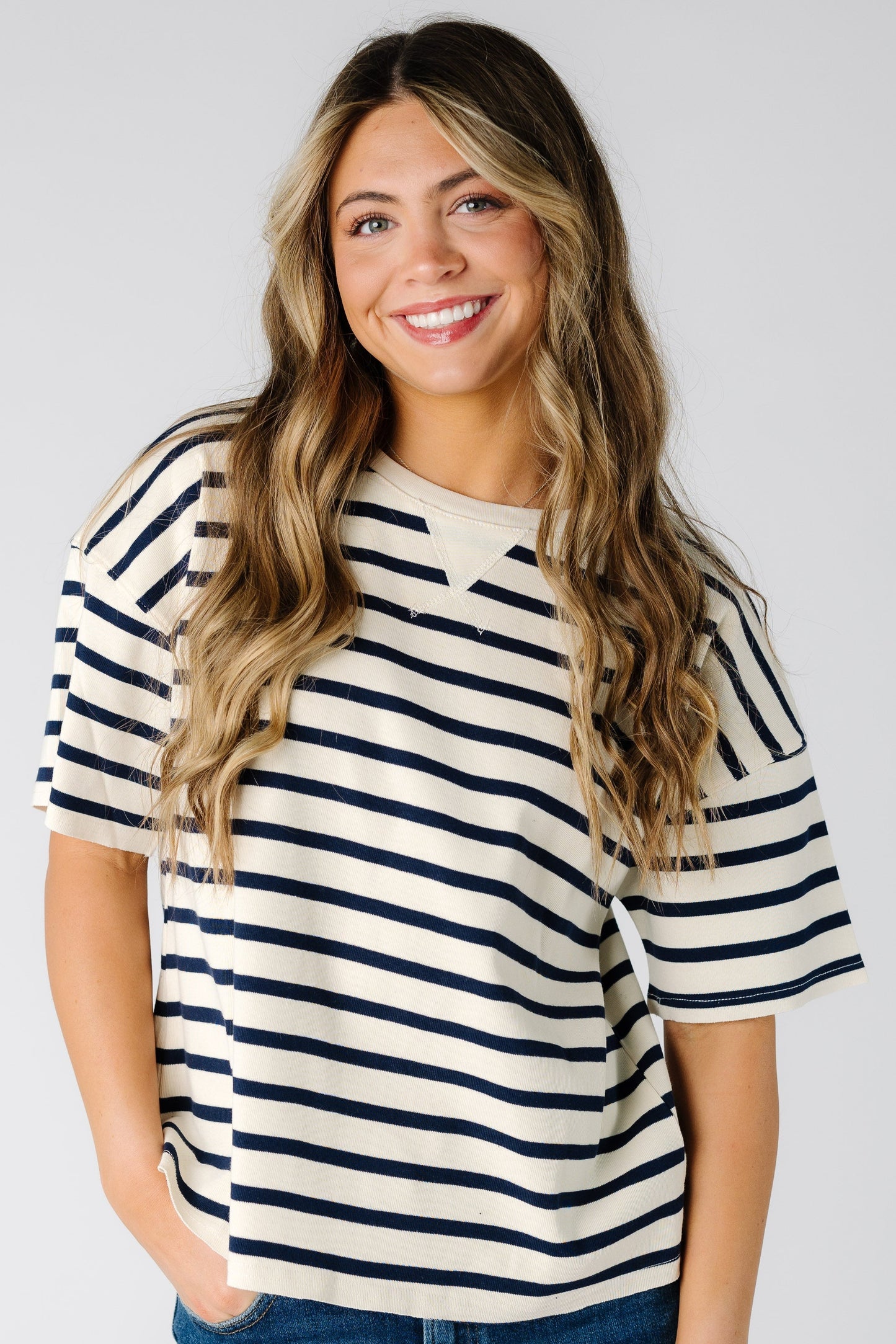 Brass & Roe Steph Stripe Tee in white stripe for women and teens.
