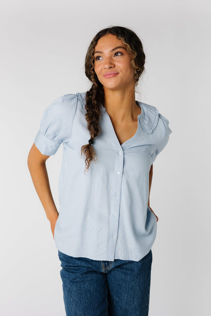 Brass and Roe light blue short sleeve top with V-neckline