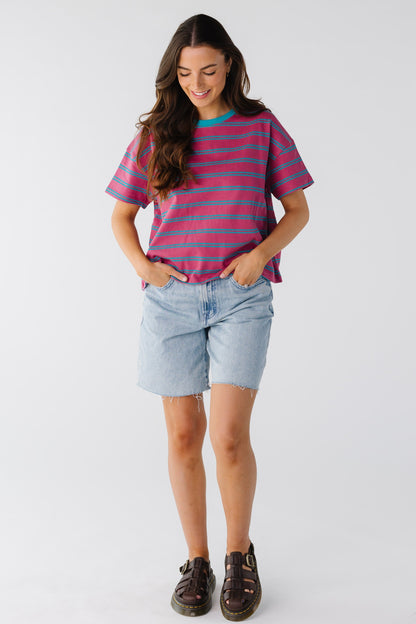 Boxy cut tee in berry and teal double stripe