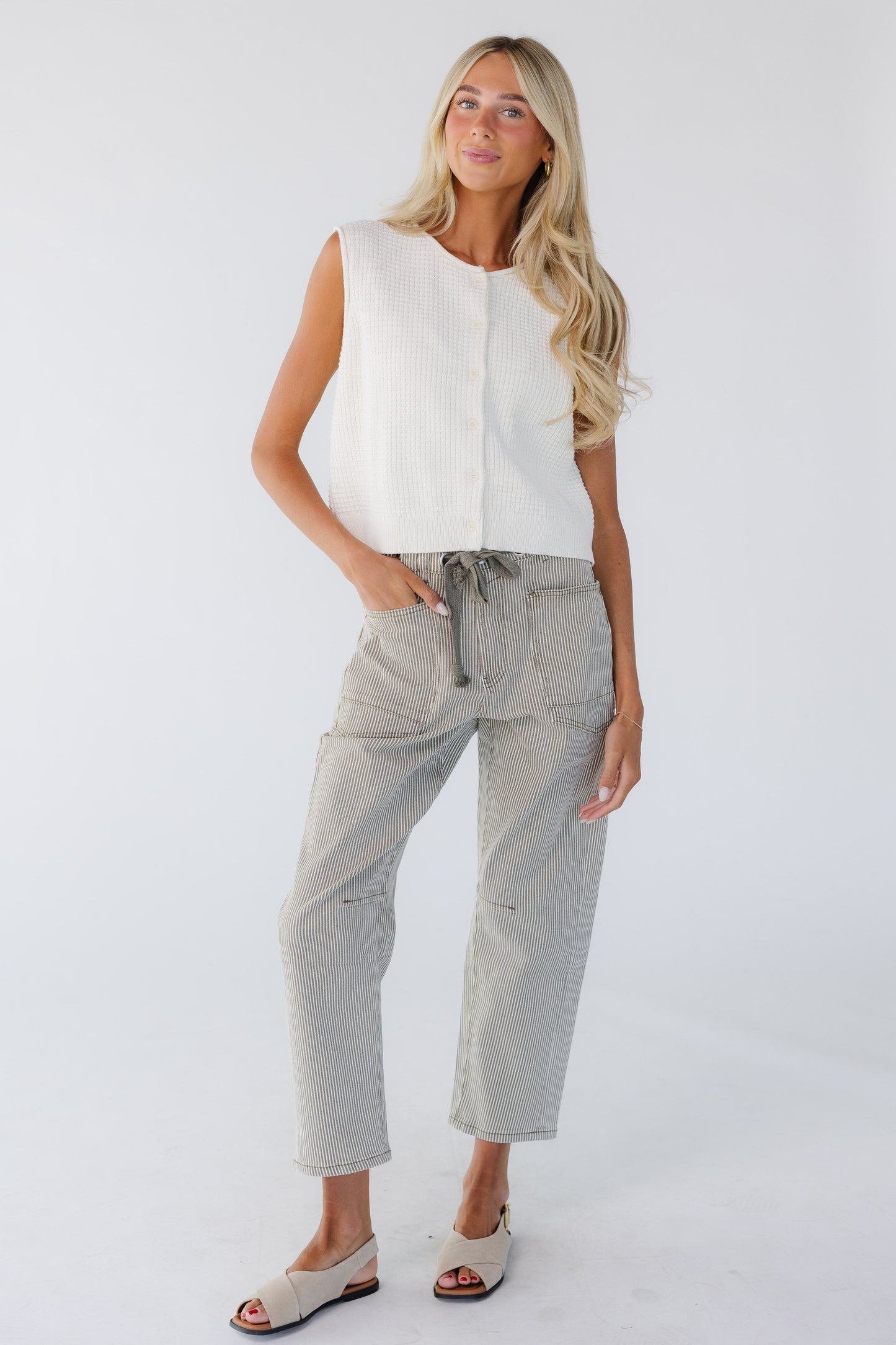 Striped Barrel Pants in olive & white stripe for women and teen girls.