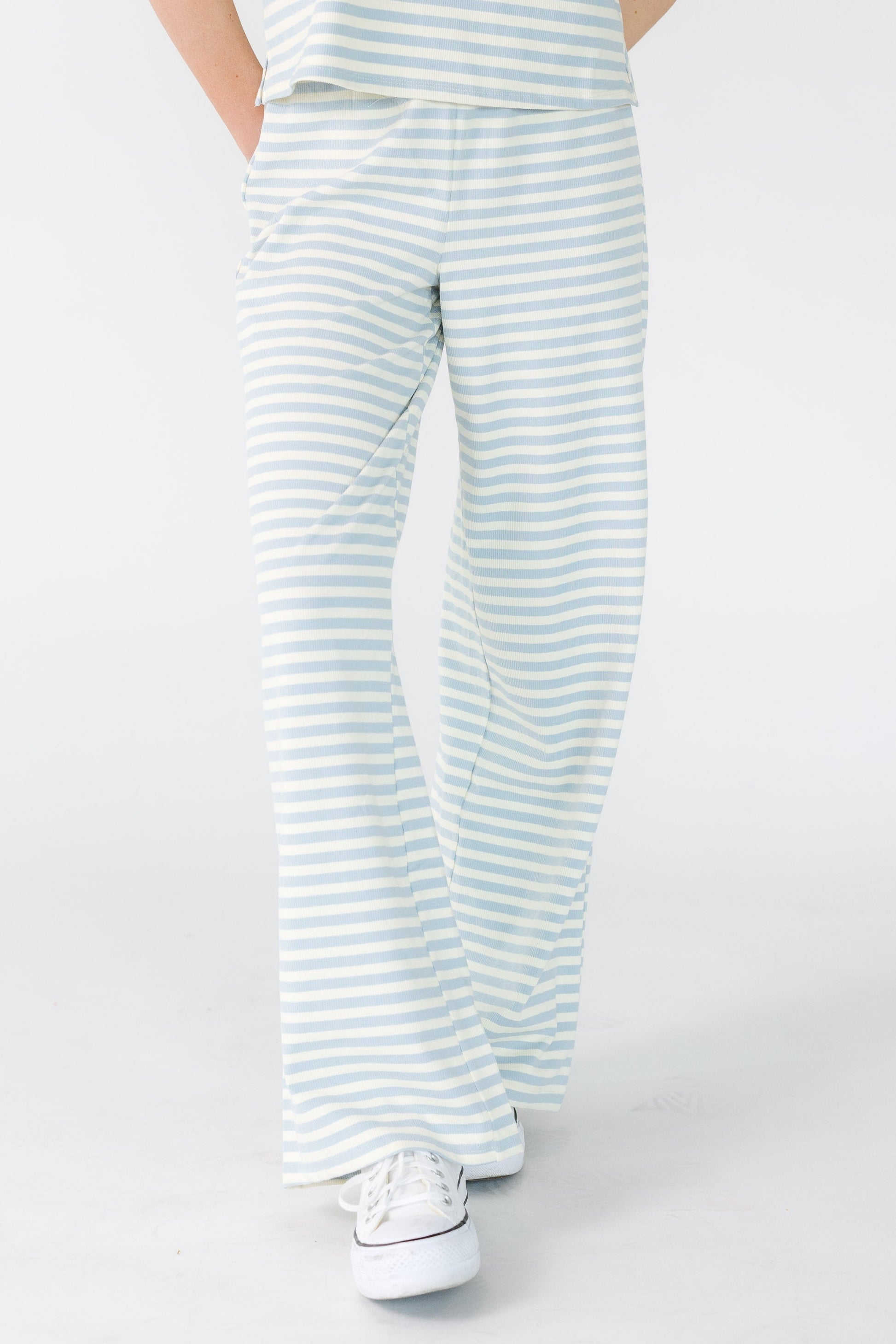 Straight Fit Stripe Pants in light blue and white for women and teens.
