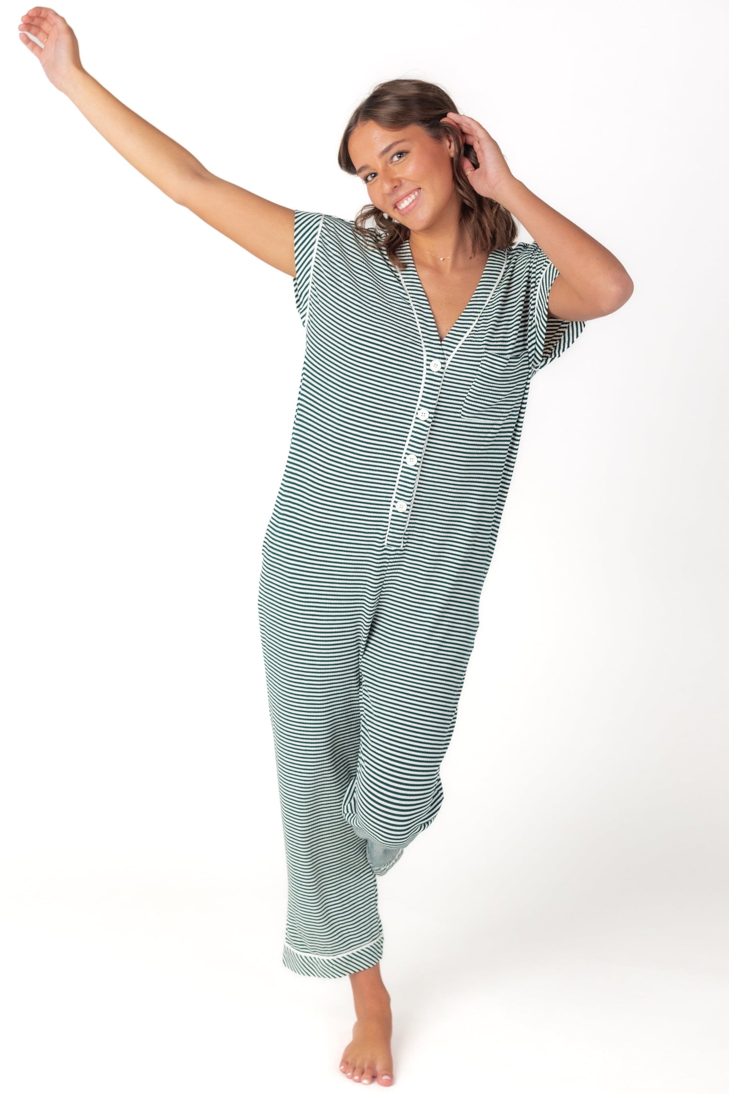 Petite green stripe onesie pajama
