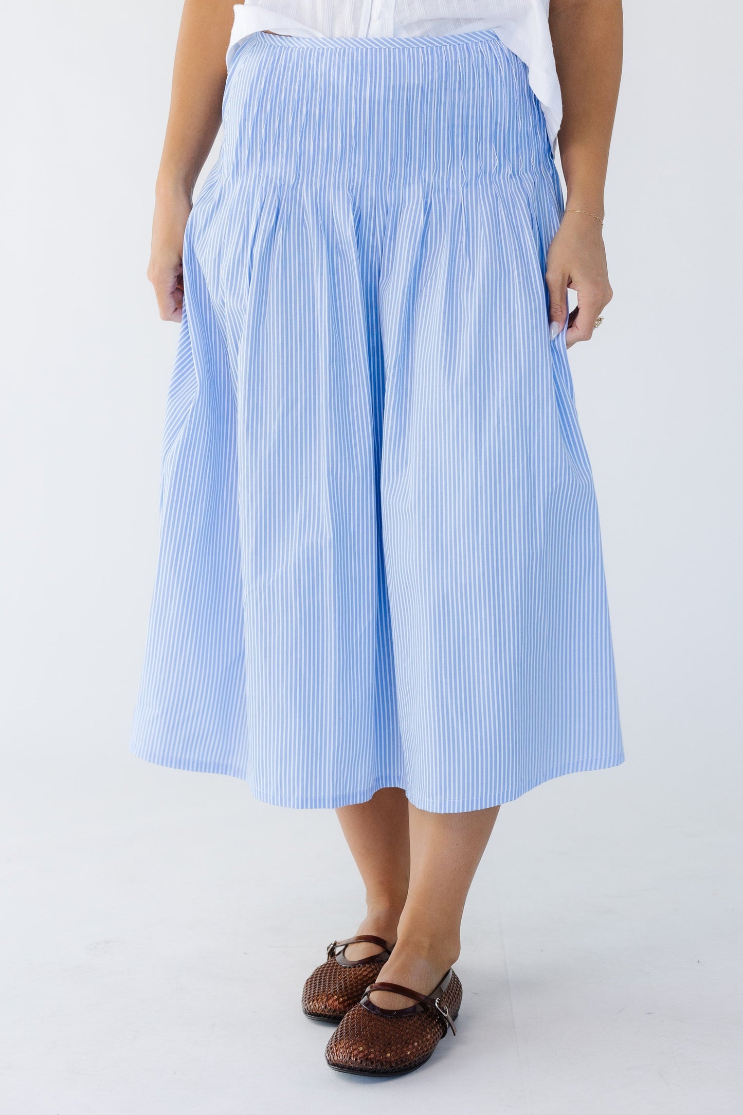 Striped Pintucked Skirt in light blue with white stripe for women and teen girls. 