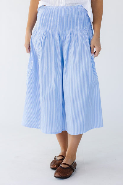 Striped Pintucked Skirt in light blue with white stripe for women and teen girls. 