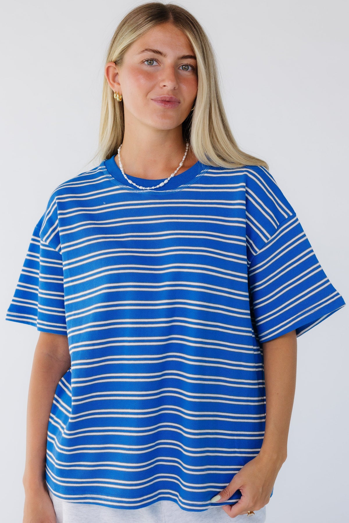 Striped Terry Crew Neck Tee WOMEN'S TOP Things Between Blue S 