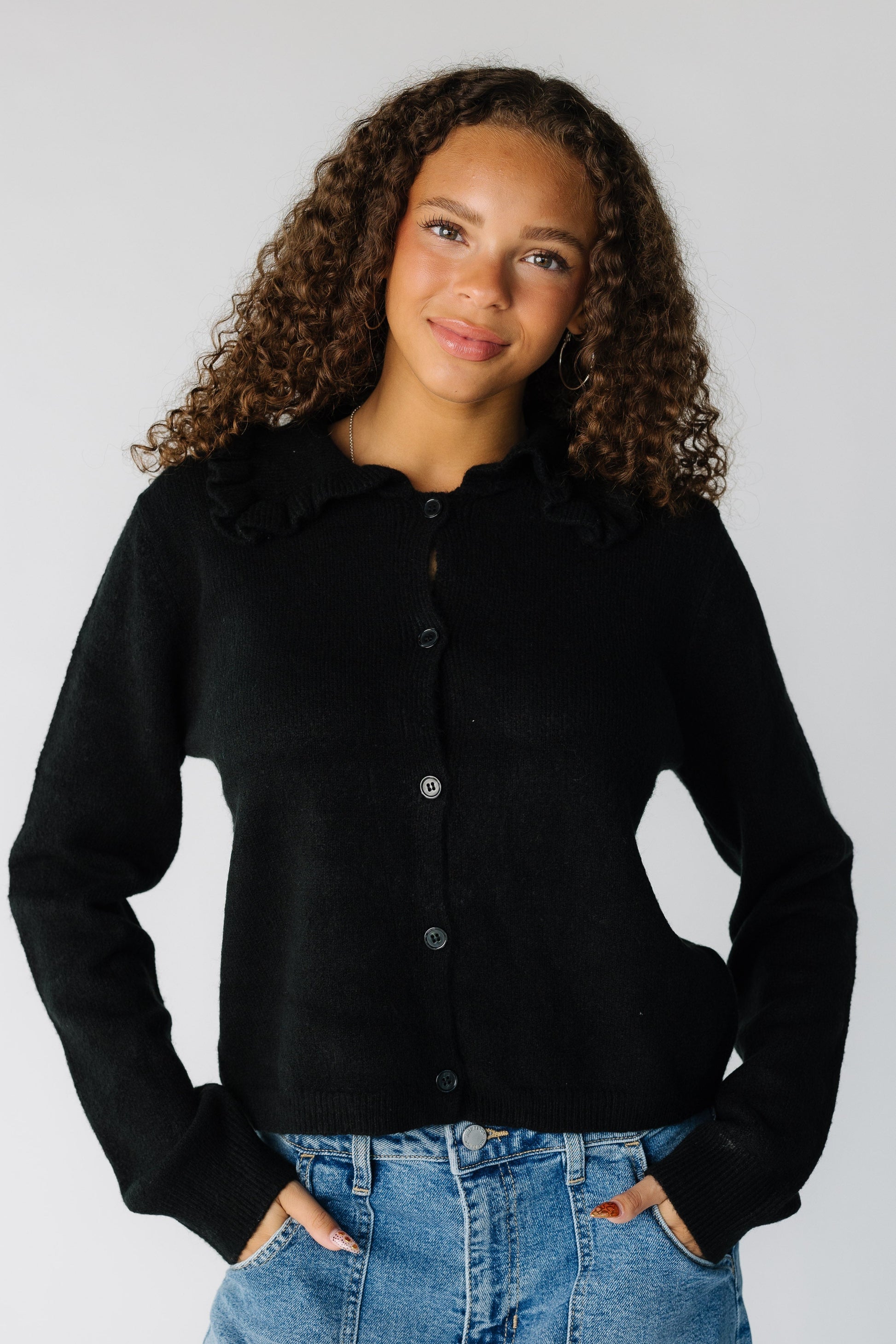 Sunday Best Ruffle Collar Cardigan in black for women and teens