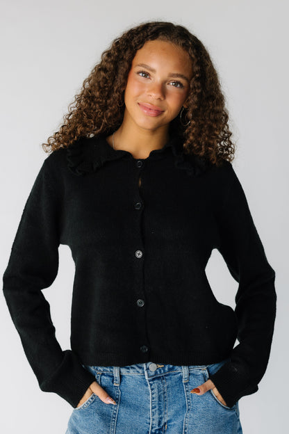 Sunday Best Ruffle Collar Cardigan in black for women and teens