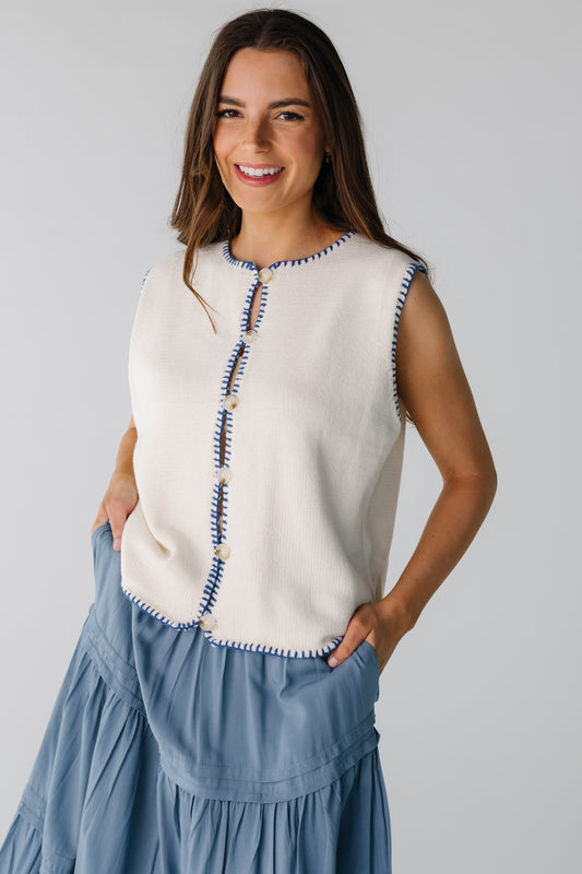 Stitch Detail Sweater Vest  in white with navy stitch details
