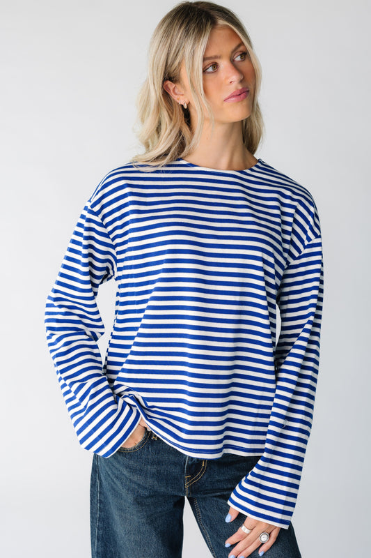 Modest women's blue and white stripe top with long sleeves