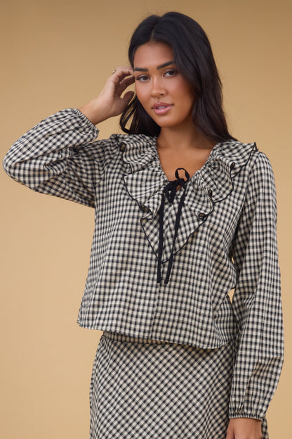 Tami Gingham Woven Top in black & tan plaid for women and teen girls.