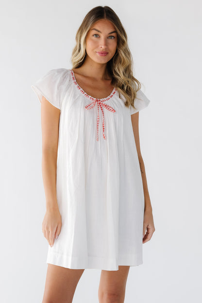 The Tandi Gingham Trim Tie Dress in white for women and teenage girls.