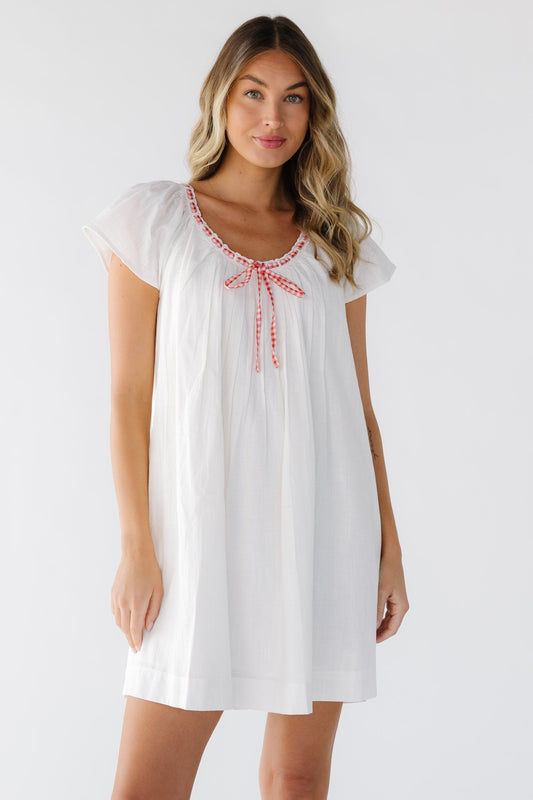 The Tandi Gingham Trim Tie Dress in white for women and teenage girls.