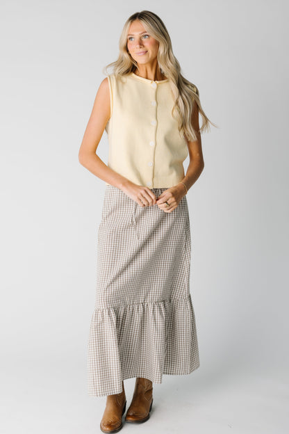 Full view of taupe gingham maxi dress