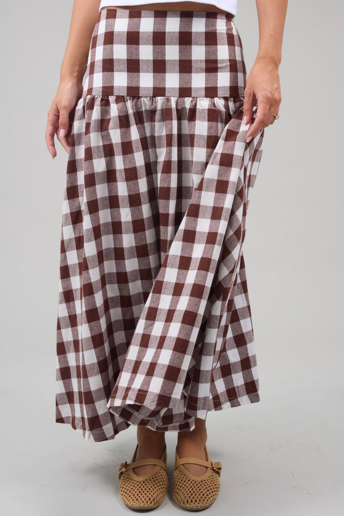 Taylor Gingham Midi Skirt in brown & white large gingham for women & teen girls.