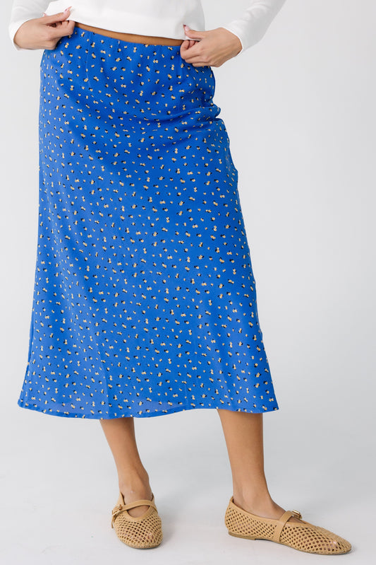 Brass & Roe Ellie Spring Print Skirt in blue floral print for women and teens.