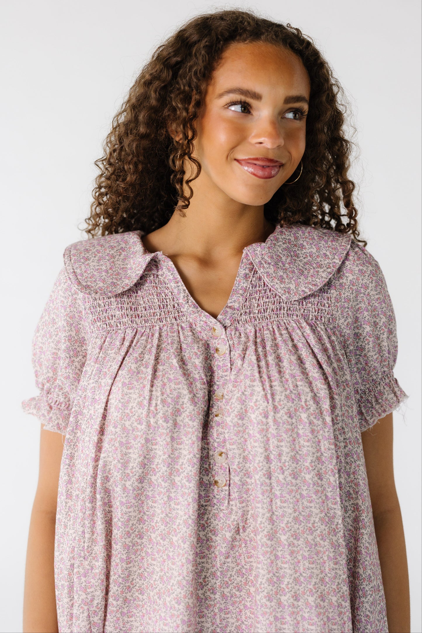Brass & Roe Spring Collared Knee Dress in cream with a pink floral print for women and teens.