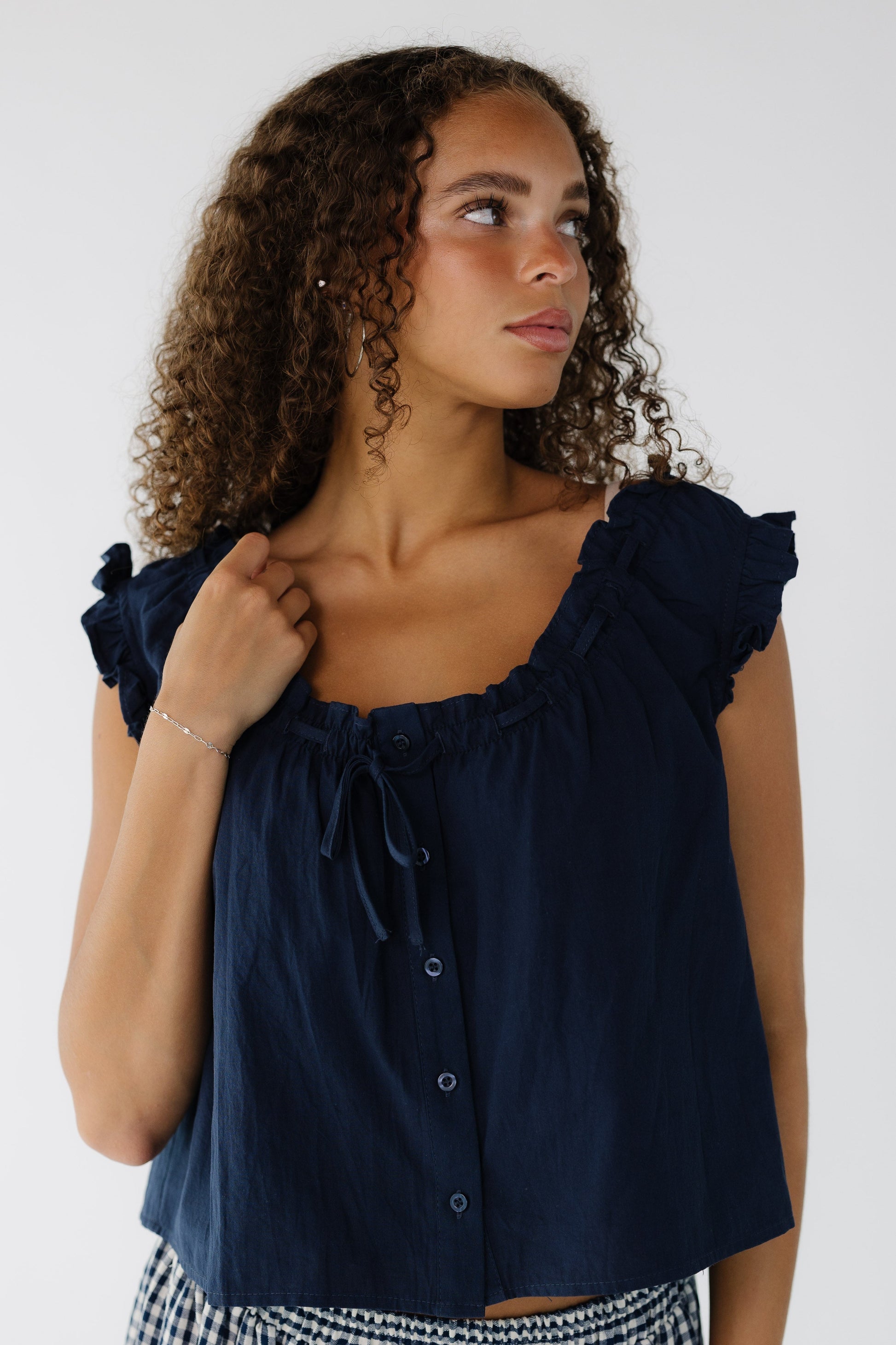 Brass & Roe Judy Flowy Top in navy for women and teenage girls.