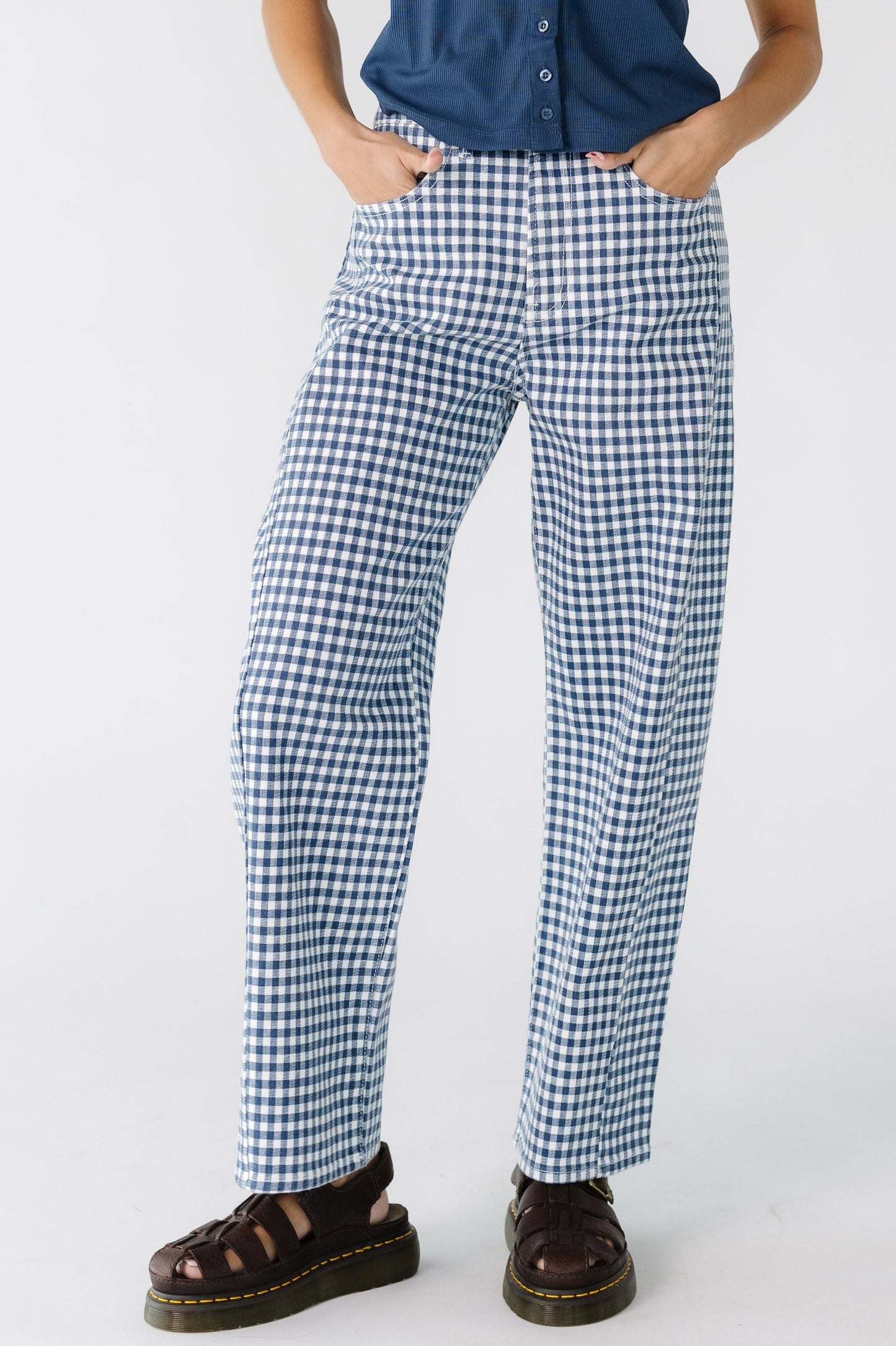 Navy Gingham Barrel Jeans WOMEN'S JEANS Just Panmaco Inc. Navy Gingham 24 