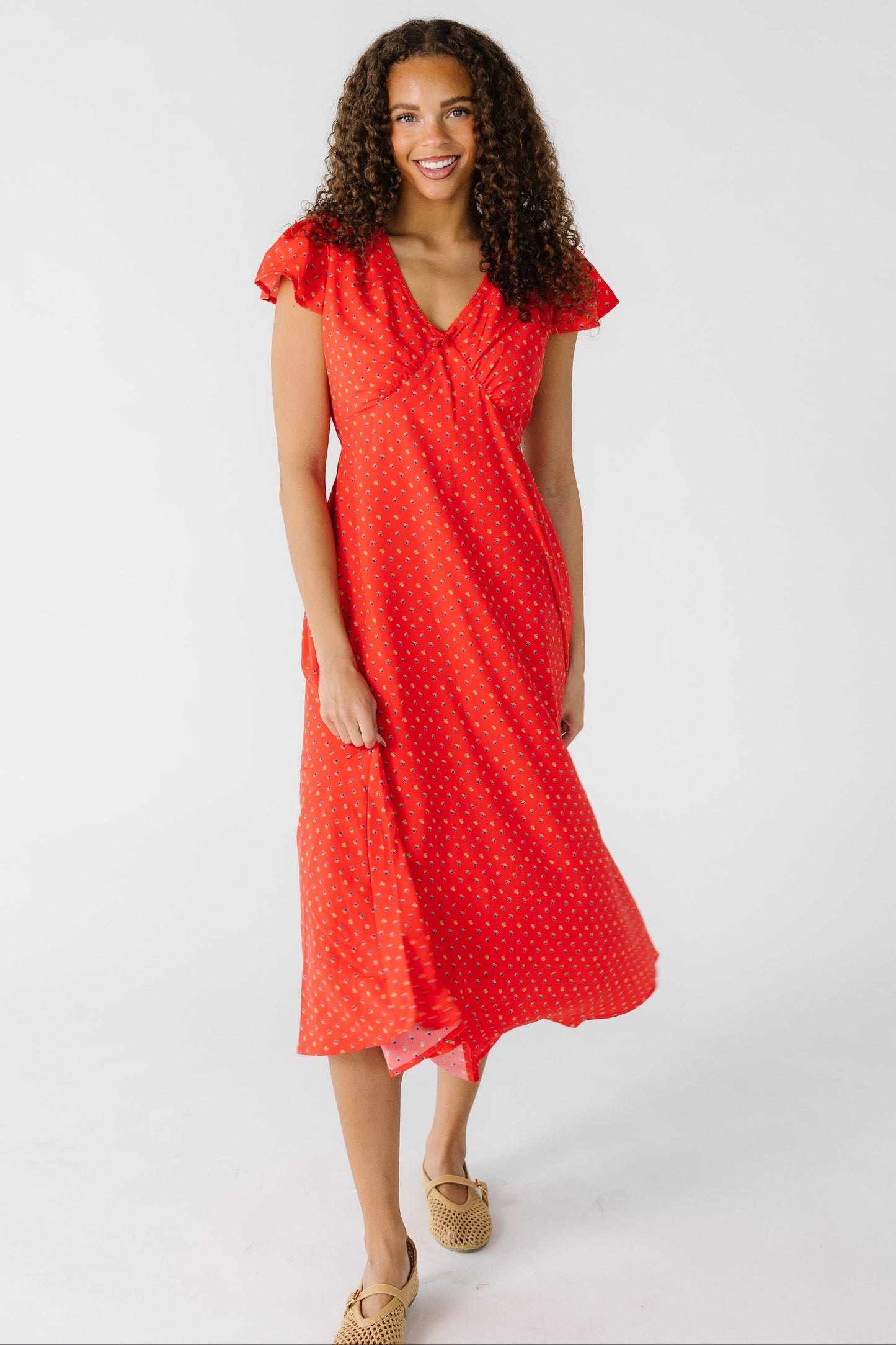 Brass & Roe Lauren Midi Dress in red floral print for women and teens.