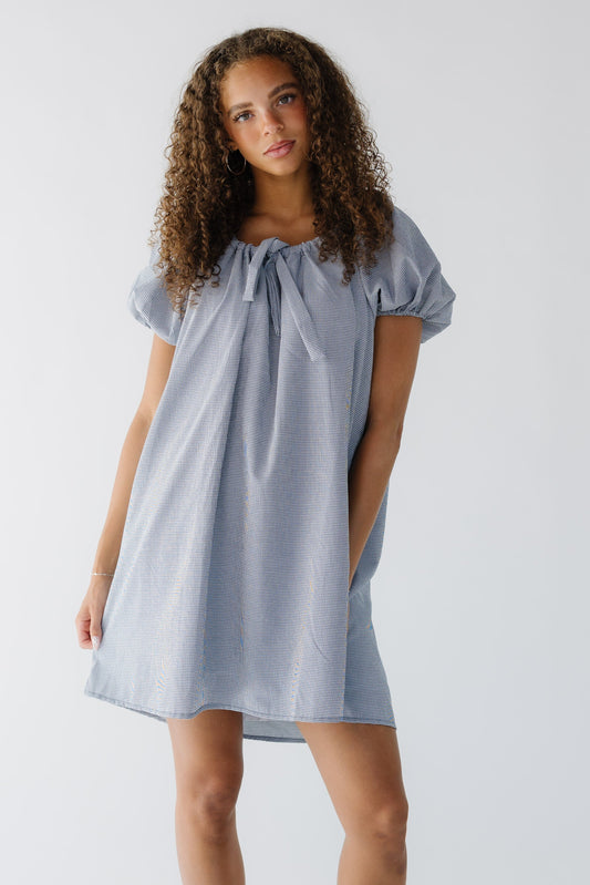 Brass & Roe Gingham Bow Short Dress in navy for women and teenage girls.