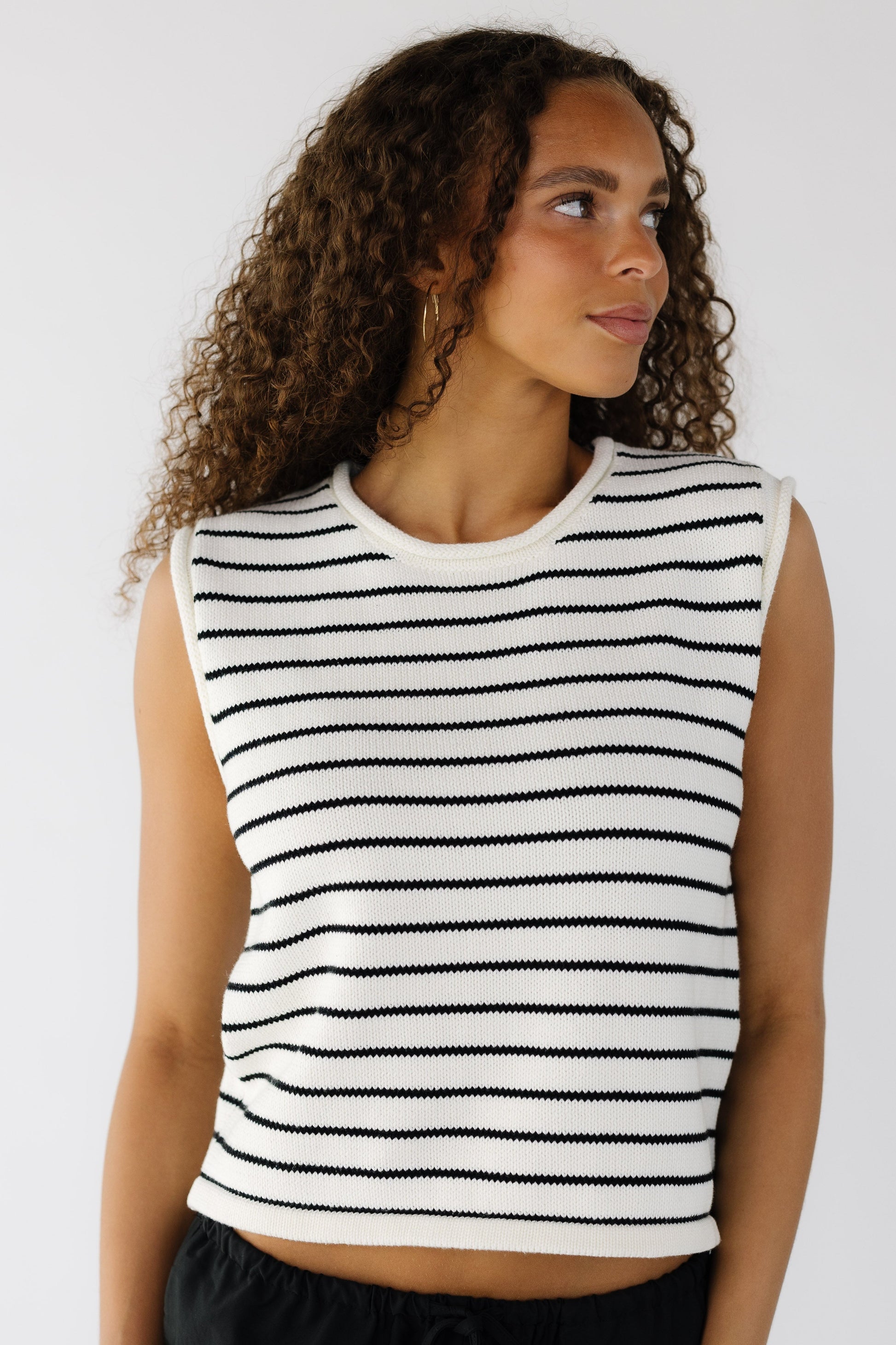 The Willow Top in white with black stripes for women and teens.