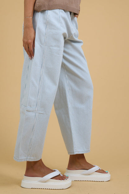 Striped Barrel Pants in white & blue stripe for women and teenage girls.