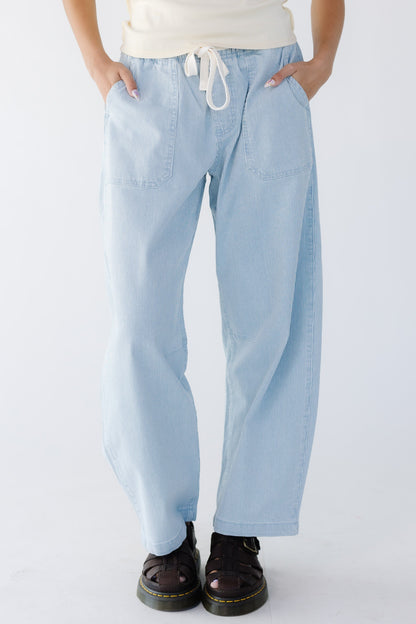 Avril Pants in blue and white pinstripe denim for women and teens.