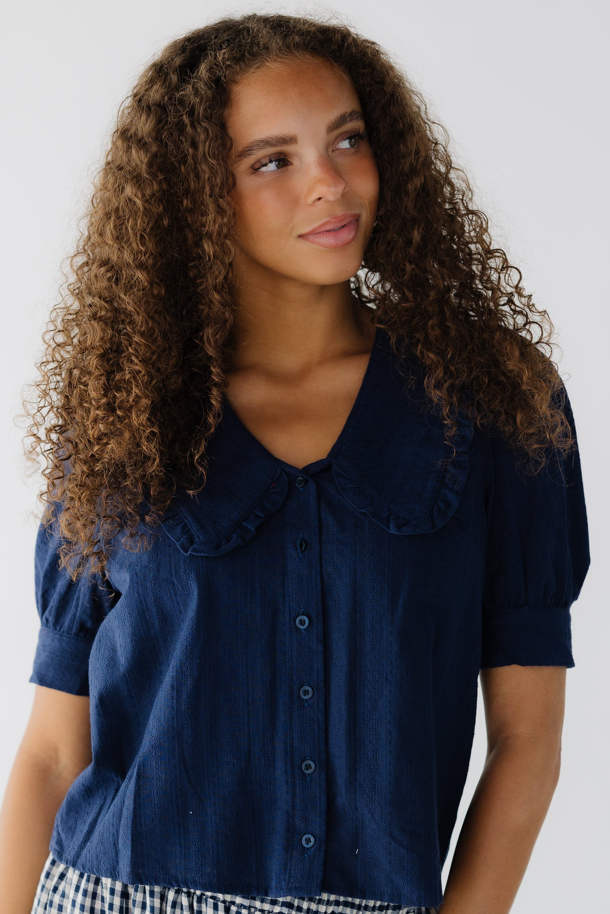 Brass & Roe Roe Collar Blouse in navy for women and teenage girls.