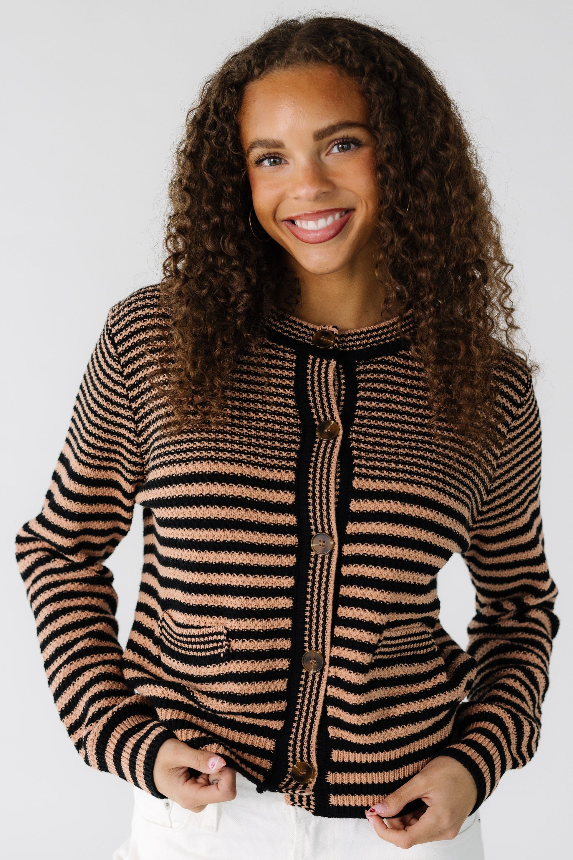Sundance Pocket Cardigan in taupe and black stripe for women and teens.