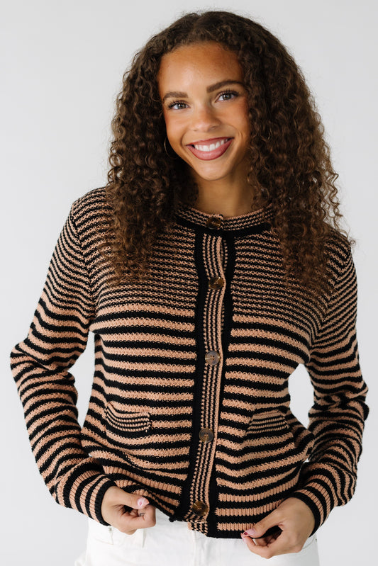 Sundance Pocket Cardigan in taupe and black stripe for women and teens.