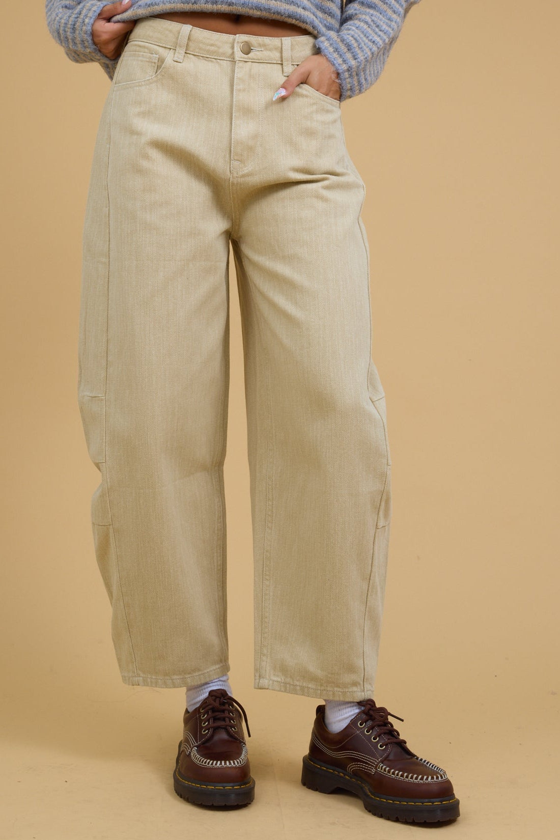 Everyday Relaxed Barrel Pants in beige for women and teenage girls.