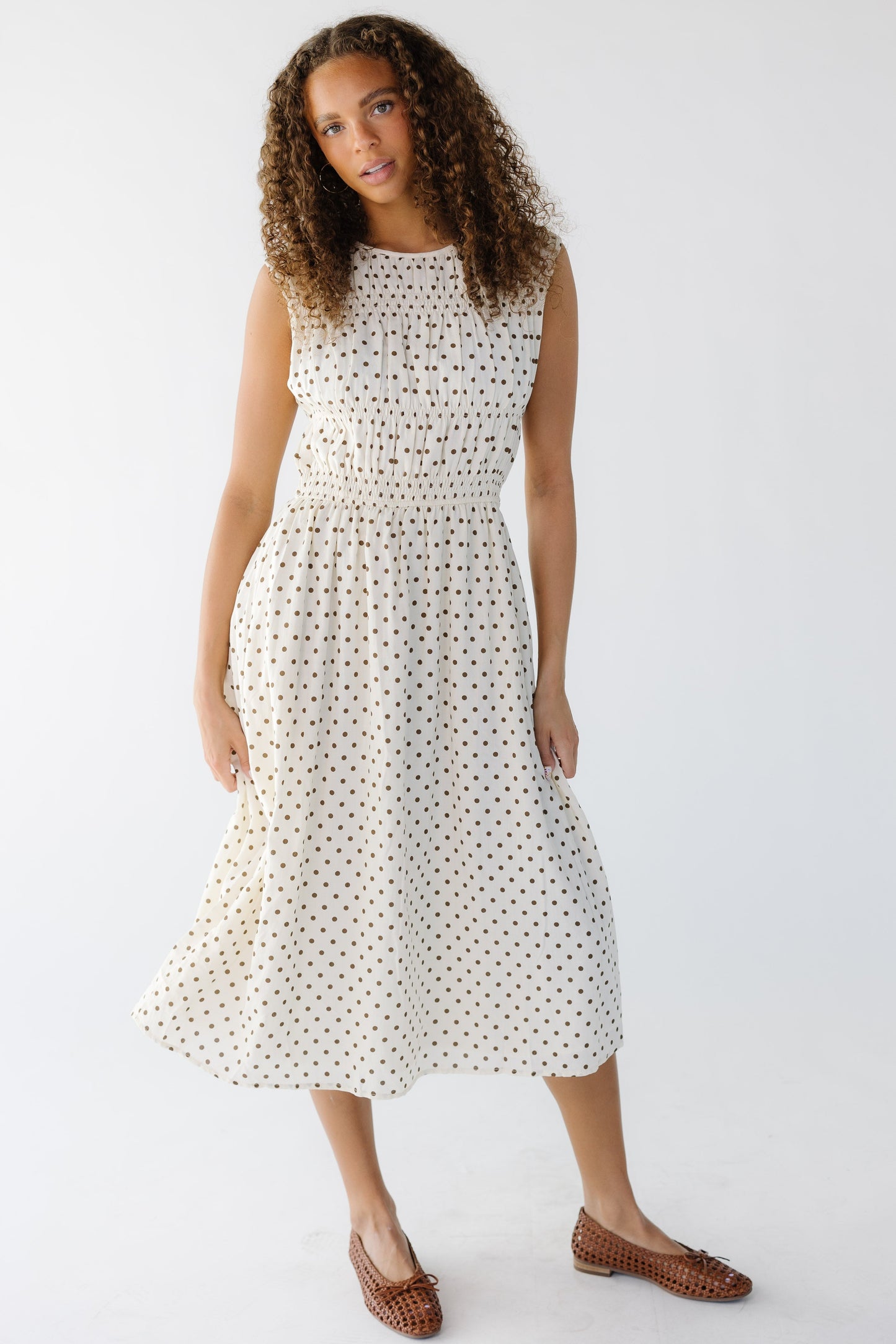 The Nora Dress in cream and brown polka dot for women and teen girls.