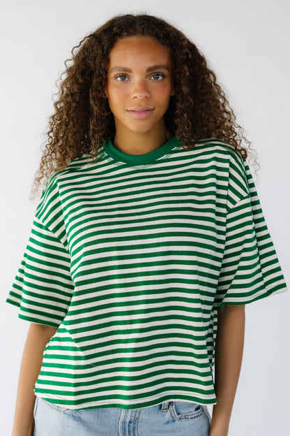 The Esme Top in green and white stripe for women and teens.