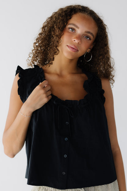 Brass & Roe Judy Flowy Top in black for women and teenage girls.