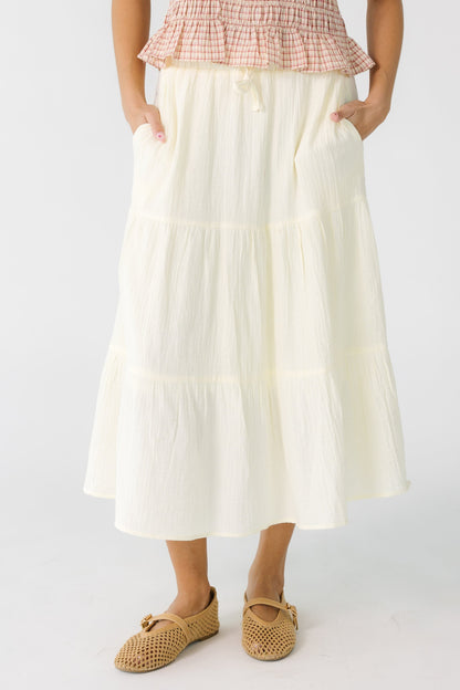Brass & Roe Gauze Tiered Skirt in cream for women and teens.