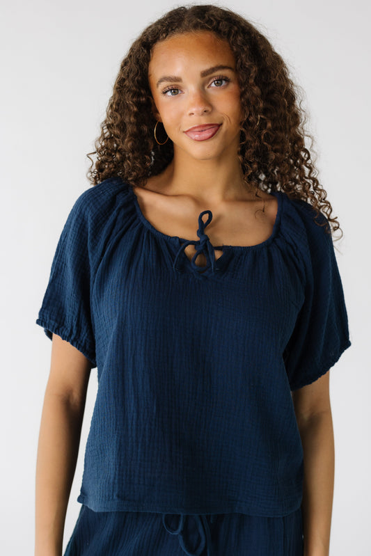 Brass & Roe Millie Gauze Top in navy for women and teens.