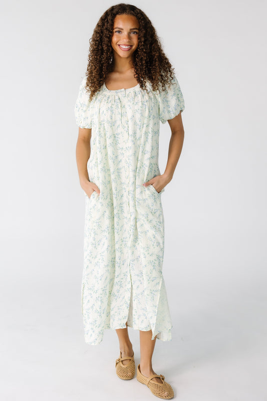 Brass & Roe Daybreak Spring Button Down Dress in a cream floral print for women and teens.