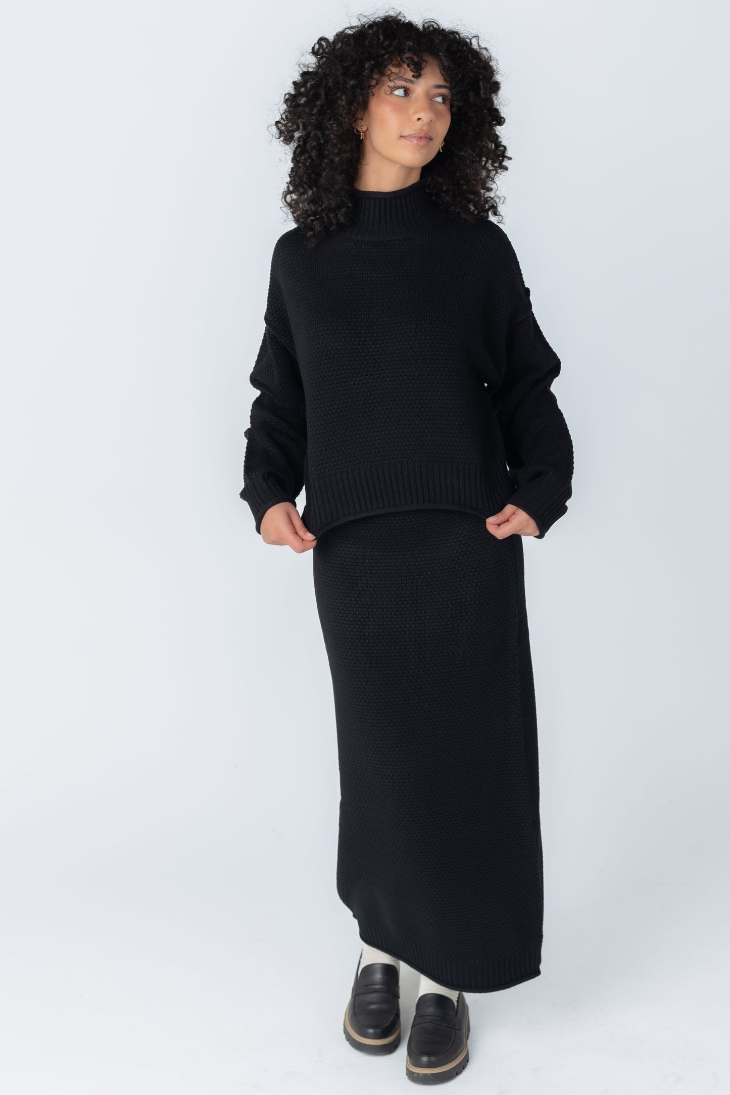 Cabo black sweater skirt with mock turtleneck