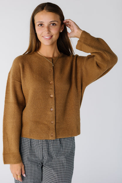 Woman wearing a modest brown long sleeve cardigan with a crew neckline