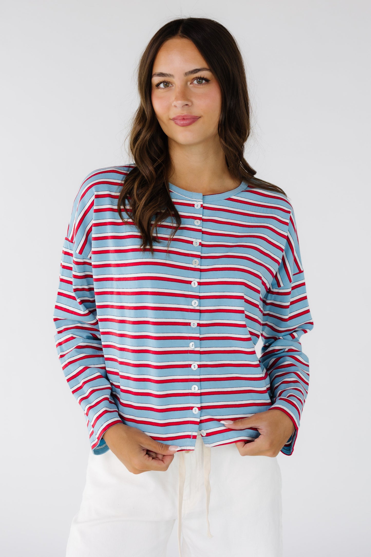 The Boston Tee in light blue, red & white stripe for women & teenage girls.