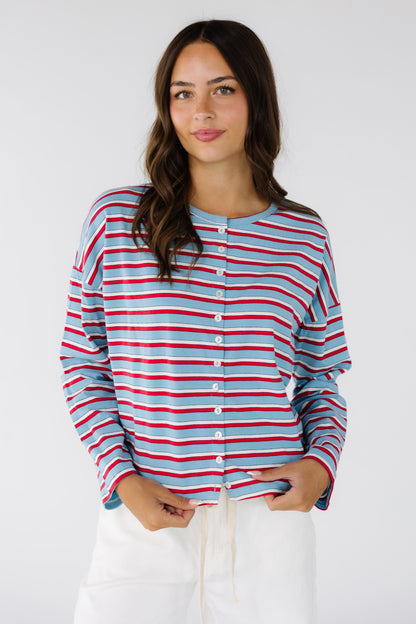 The Boston Tee in light blue, red & white stripe for women & teenage girls.