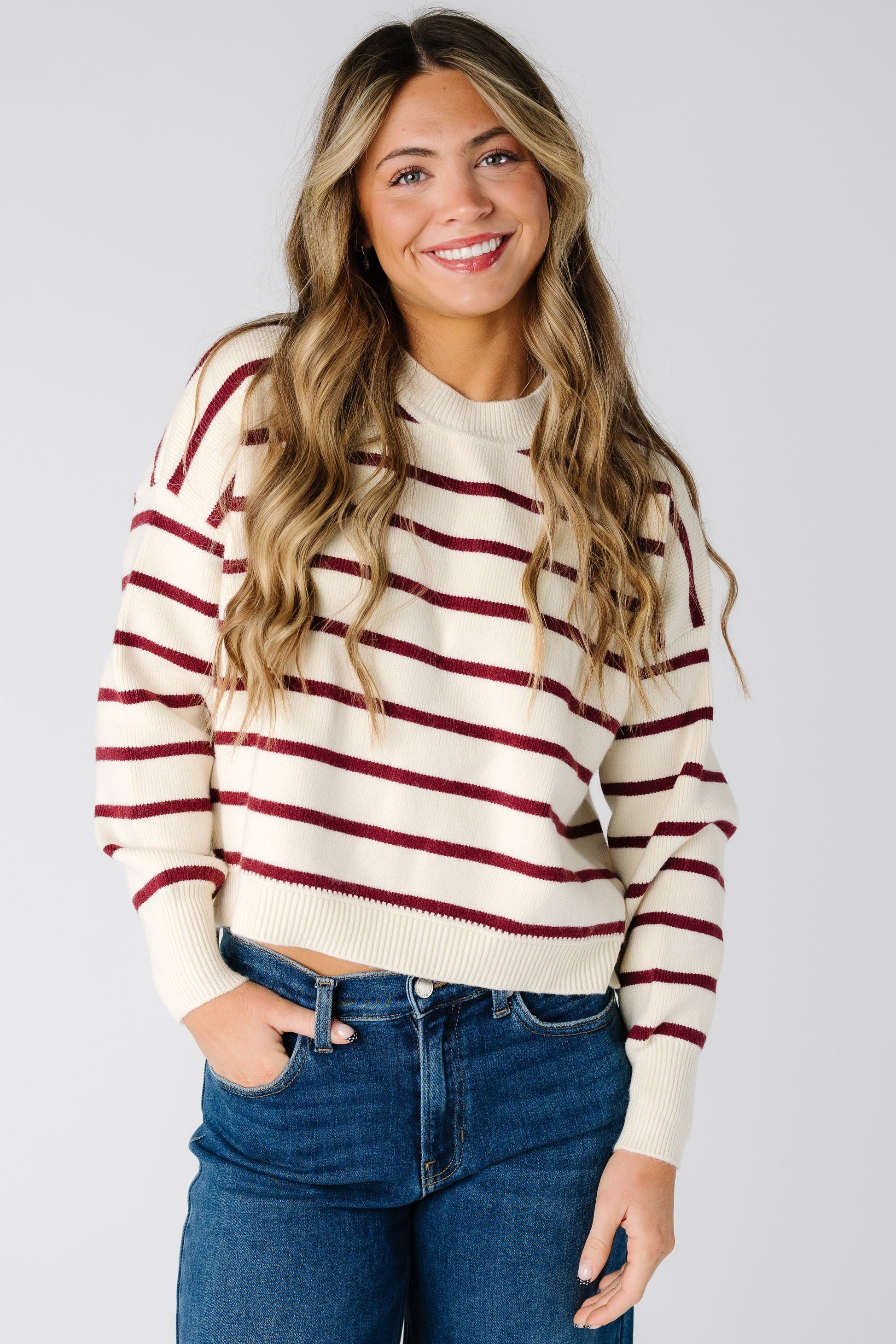 The Bourdeaux Stripe Sweater in ivory and burgundy for women and teens