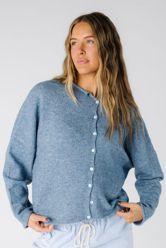 The Companion Knit Cardigan in dusty blue for women and teens
