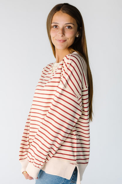 The Cosmic Striped Long Sleeve Tee in beige & brick stripe for women and teens