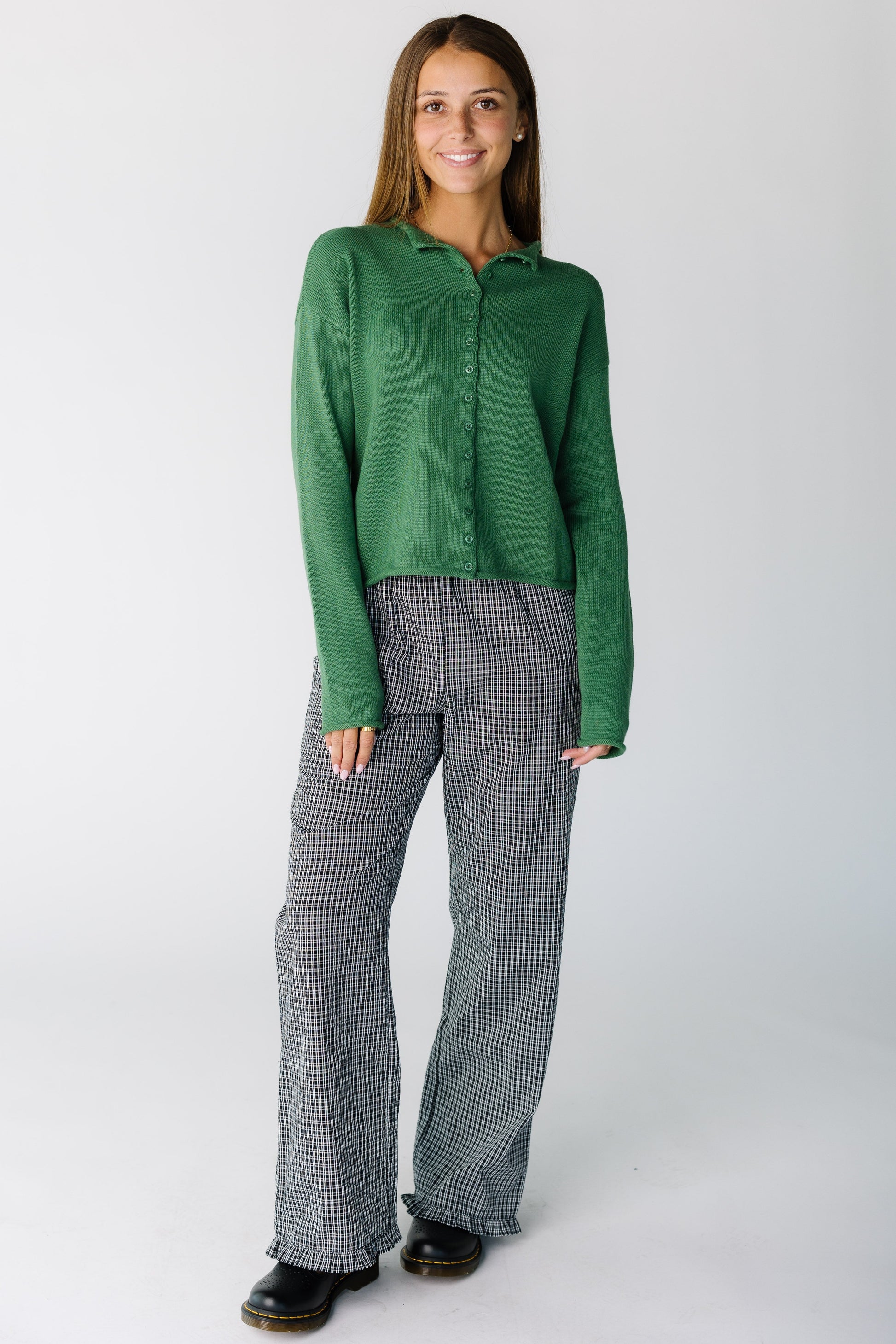 The Delta Ruffle Pants in black and white plaid for women and teens