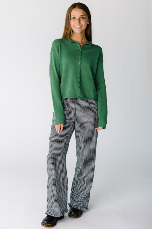 The Delta Ruffle Pants in black and white plaid for women and teens